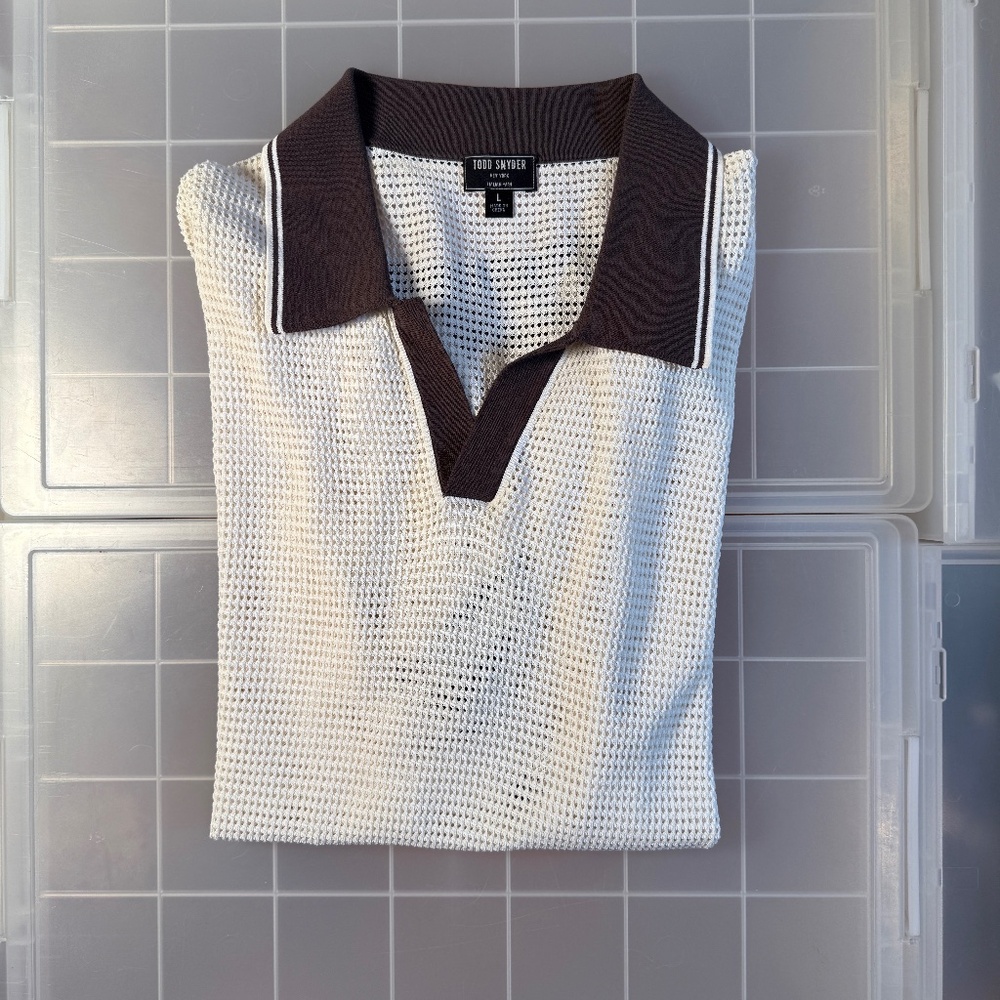 Todd Snyder Tipped Crochet-Style Polo Shirt in Bisque – Men’s Large